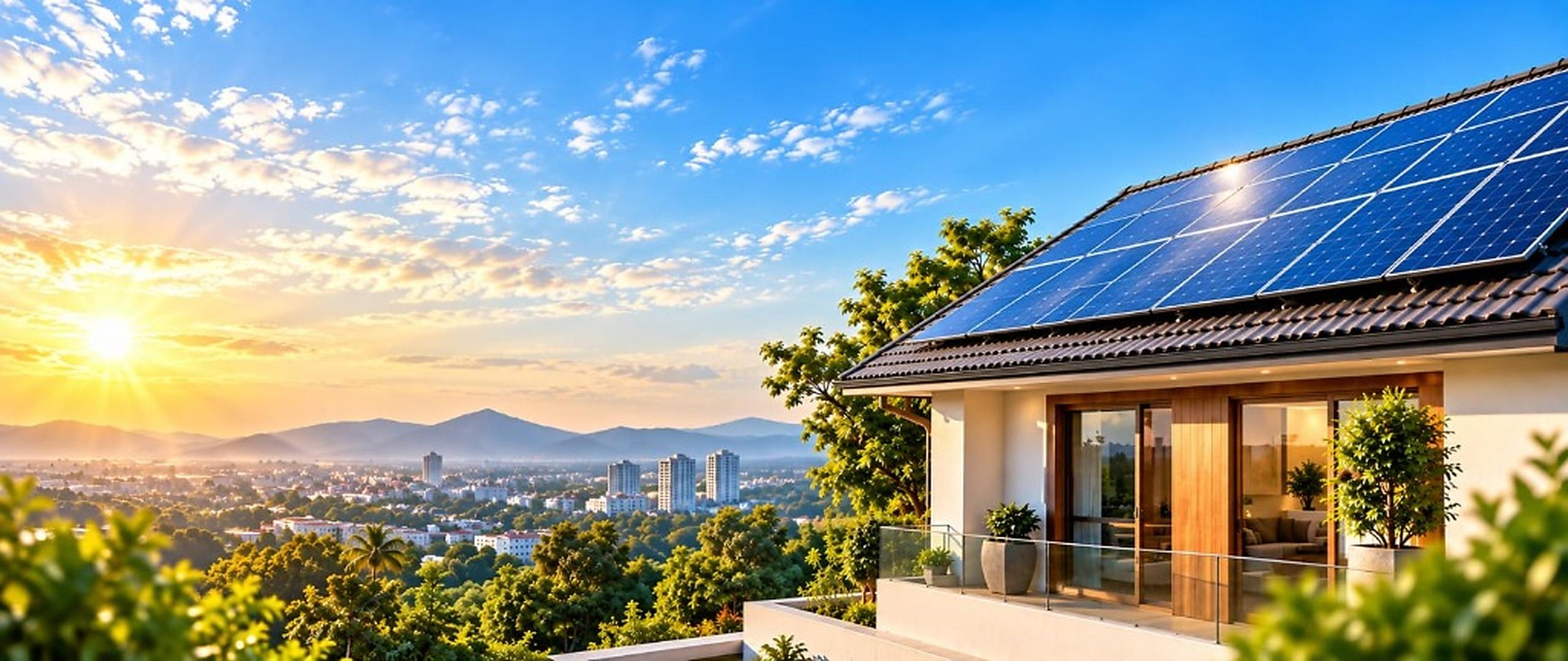 Modern house with rooftop solar panels under sunny blue sky