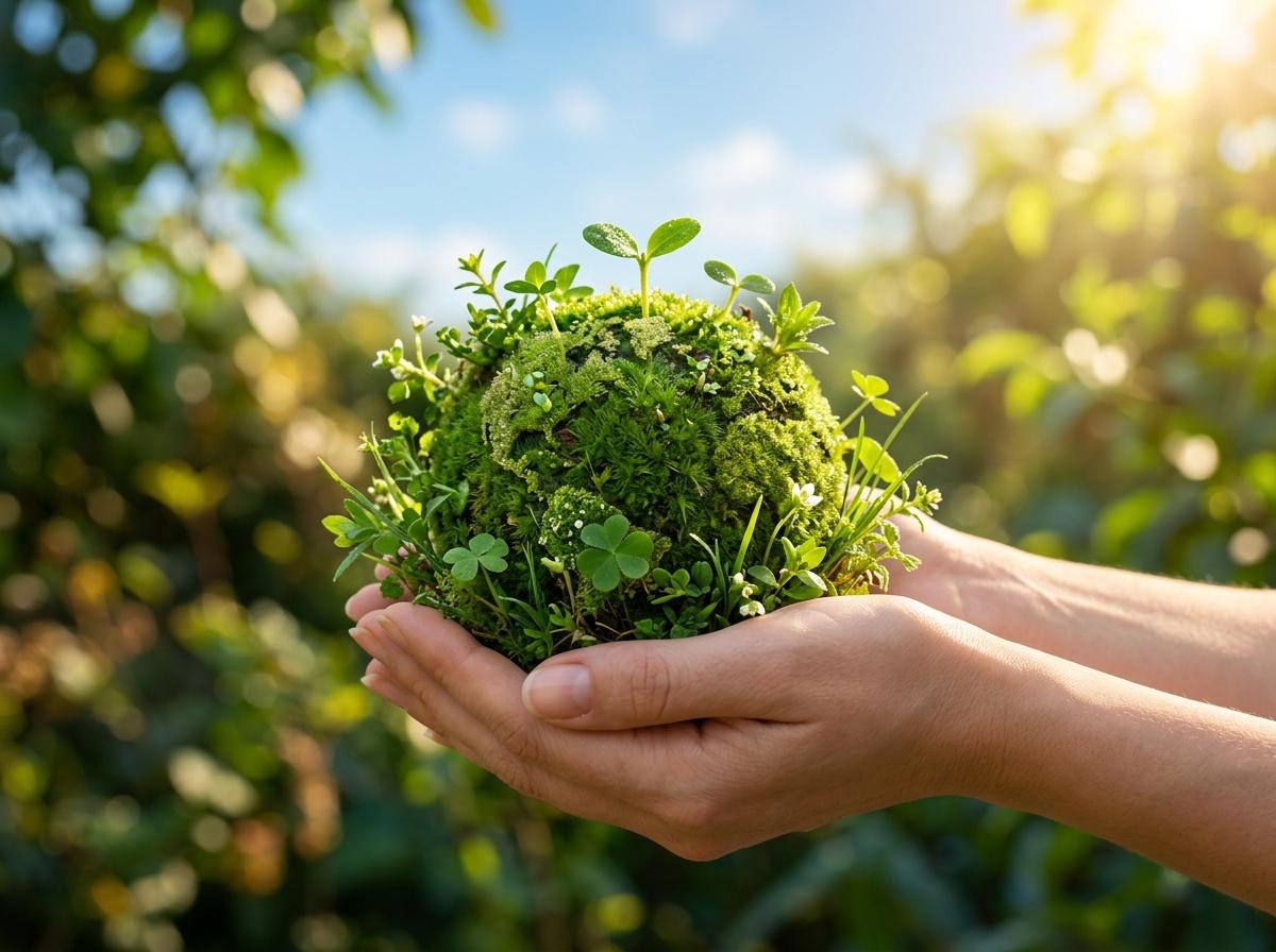 Hands holding green earth moss sphere representing clean renewable energy